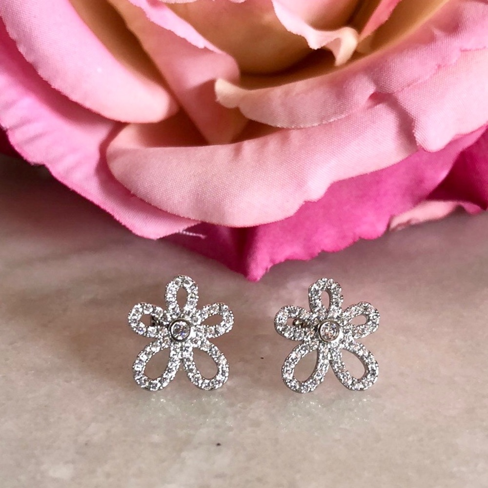 Silver Plated White Zirconia Flower Earrings